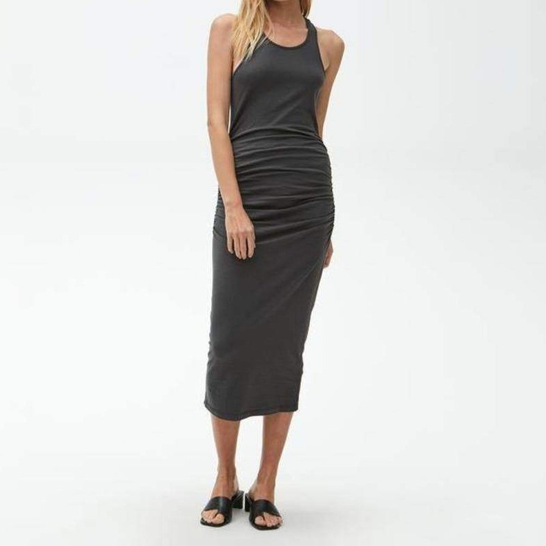 Michael Stars Racerback Midi Dress Shirring Ruched In Oxide Gray Womens Medium